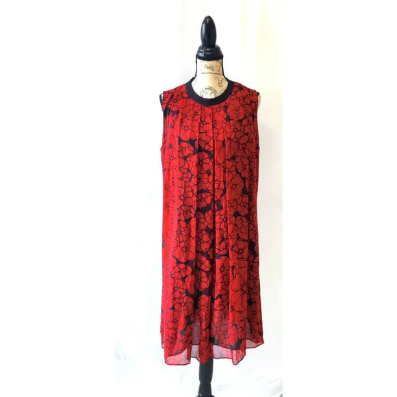 S.I.L.K Sleeveless Floral Dress 100% Silk Pleated Red & Black Sz L Chiffon - Picture 2 of 7